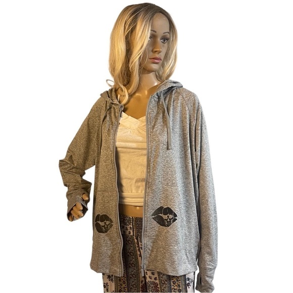 Lips and Skull Upcycled Full Zip Hooded Gray Jacket - Picture 2 of 12